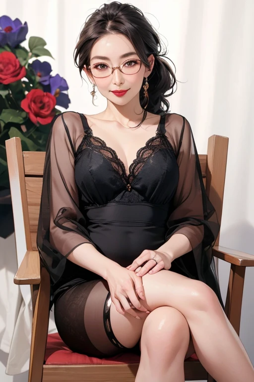 8k, Mature and elegant Japanese woman, 55 years old, Married women, Delicate features, Long eyelashes, Sparkling eyes, Low Ponytail, Red lipstick with glasses, Rosy Cheeks, eye shadow, Attractive lips, Sheer Lingerie, Sit on a chair, Crossing your legs, photo shoot, (Highest quality,8k,High resolution,masterpiece:1.2),