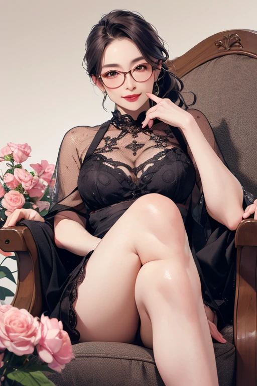 8k, Mature and elegant Japanese woman, 55 years old, Married women, Delicate features, Long eyelashes, Sparkling eyes, Low Ponytail, Red lipstick with glasses, Rosy Cheeks, eye shadow, Attractive lips,  Sheer Lingerie, Sit on a chair, Crossing your legs, photo shoot,  (Highest quality,8k,High resolution,masterpiece:1.2),