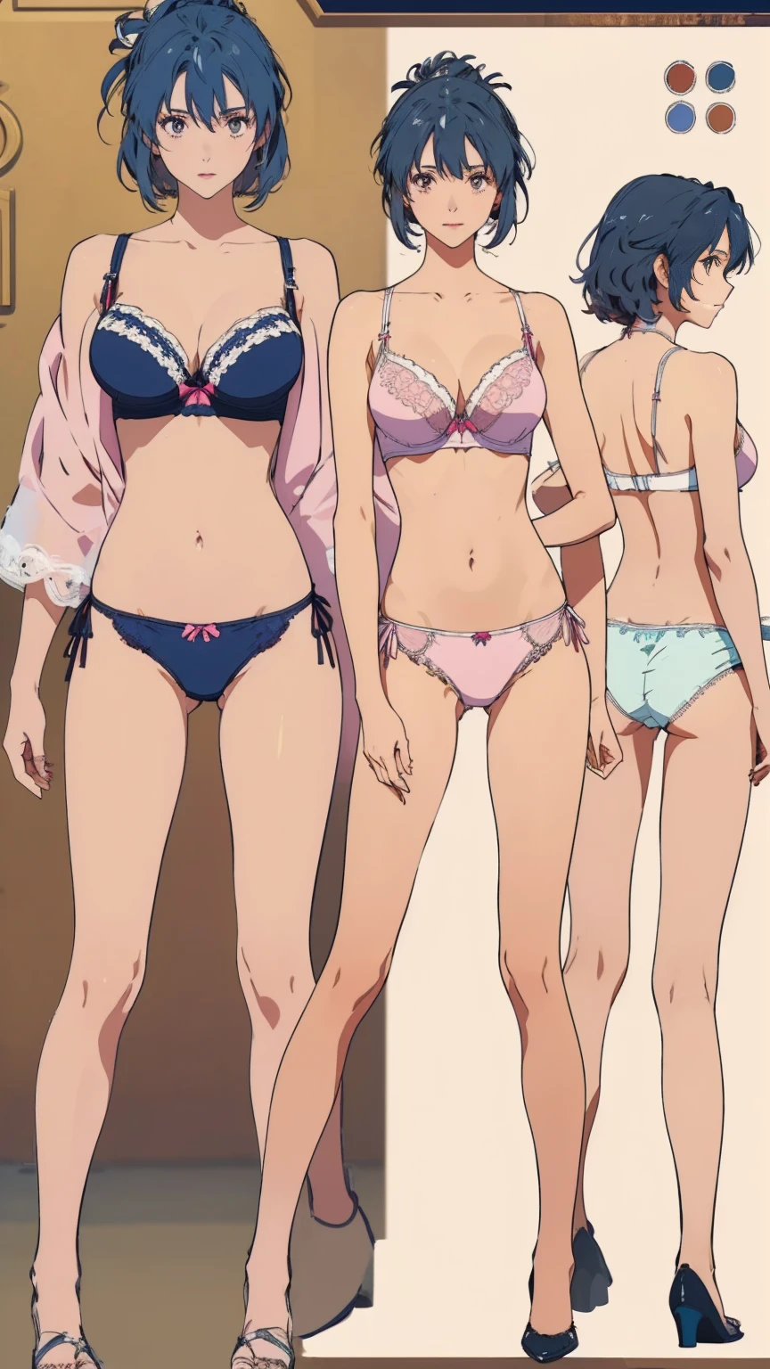 ((masterpiece)), (((Highest quality))), ((Reference Sheet, Character Design)), Highest quality, masterpiece, Ultra-high resolution, Original photo, Ultra-high resolution, Three female, RIXIA_MAO, navy blue hair, Big smile, Wearing a white and pink lace bra, Wearing white and pink lace panties, (elaborately designed luxury panties for adults, panties high definition images, draw panties with super precision), (((threads of the seams for panties crotch is visible))), stitch of panties is visible
