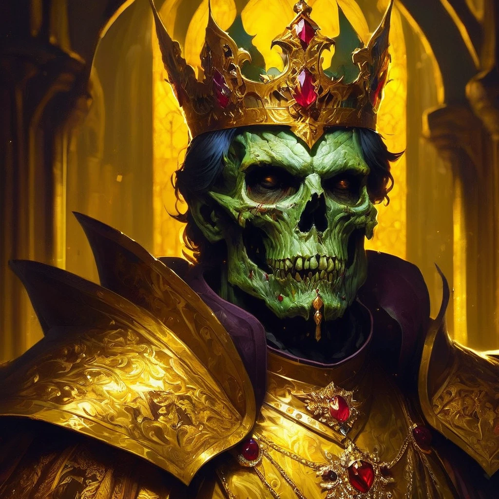 medieval portrait of the zombie king, golden royal clothing, armors, undead, fancy, trends on ArtStation, art by Mike Azevedo and Alex Negrea
