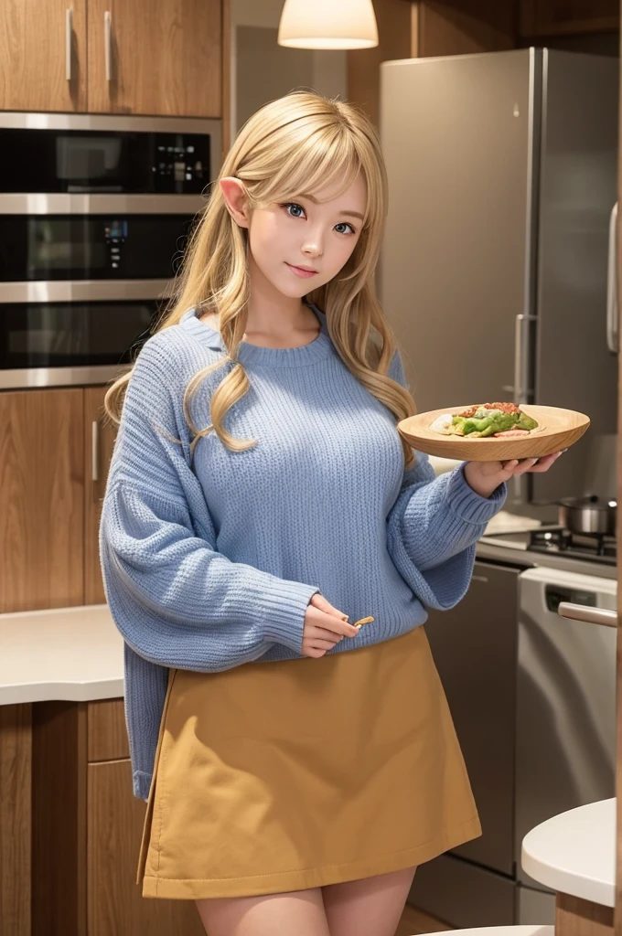 Create an anime-style image of the main character from "Erufu-san wa Yaserarenai" in a cozy Japanese kitchen. The character, Elf-san, should have long, wavy blonde hair, large blue eyes, and pointy elf ears. She is chubby and wearing a casual, slightly oversized outfit, such as a loose-knit sweater and a short skirt. The kitchen background should include traditional Japanese elements: a rice cooker, wooden cabinets, a small dining table with chairs, and various cooking utensils like a frying pan and a cutting board. Surround her with various foods, emphasizing her love for eating, with a warm and inviti
