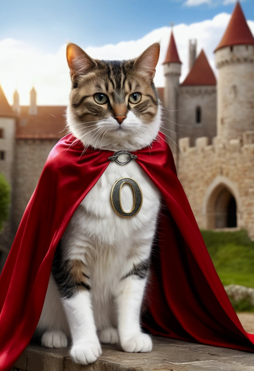 (best quality, 4K , 8k , A high resolution written) ultra detail,  medieval fantasy background, (Realistic, photo realistic, photo-realistic:1.37), cat, wearing cape, (written "O C K S Y I" in the cape)