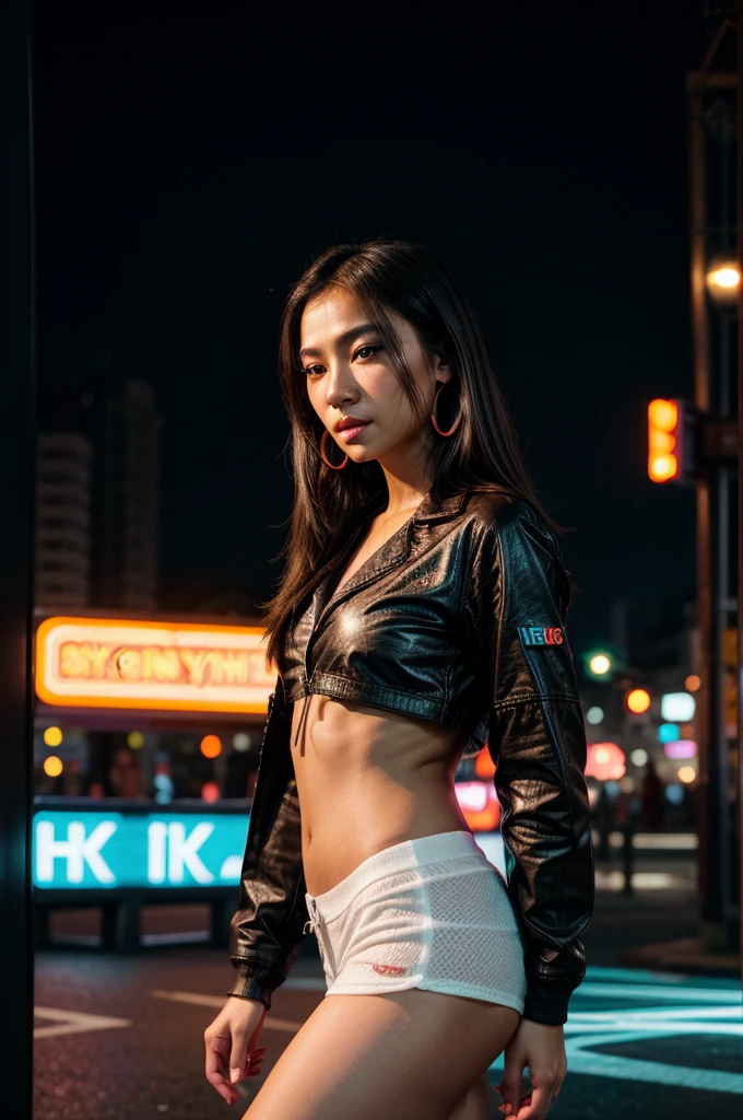 [[((young attractive Asian woman with strong facial features, a brown tanned complexion, long straight dark hair with subtle highlights, striking almond-shaped dark brown eyes, and a  frame:1.6)), ((wearing neon-colored urban streetwear, consisting of a vibrant jacket with abstract patterns, a sleek white top, and hoop earrings:1.4)), standing confidently in a bustling city street at night, illuminated by colorful neon lights. The background features a dynamic, lively atmosphere with bright, vibrant city lights and neon signs. The scene is captured with a ((full-frame DSLR:1.4)) using a ((50mm prime lens:1.4)) for a close-up, cinematic perspective. Professional lighting enhances her natural features and the glowing city lights. The image should be in ((8K resolution:1.5)) with ((hyper-realistic detail:1.6)). The focus is on the woman’s stylish urban outfit, her confident pose, and the captivating neon-lit background, creating a stunning, cinematic effect.]]