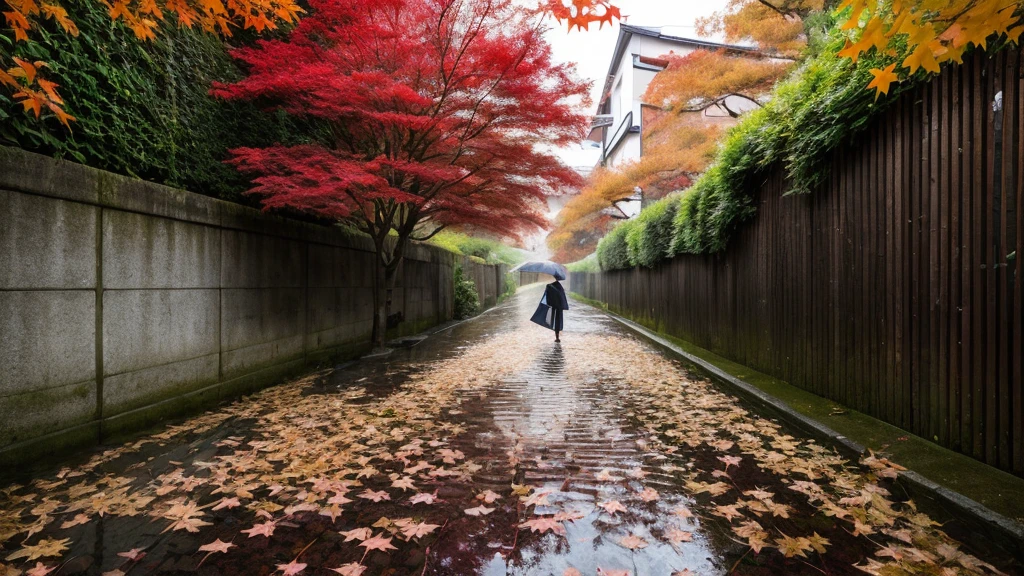 JodieC_SoloTI_v1,
a woman is looking back, (a quiet japanese street, just after the rain, damp,red maple leaves extend from the top of the wall:1.3),Dark shot, photorealistic, masterpiece, high quality, artistic, unique, award winning photograph, professional, 8k, RAW photo, best quality,flattering,
PA7_Portrait-MCU,, tits out, naked, wet