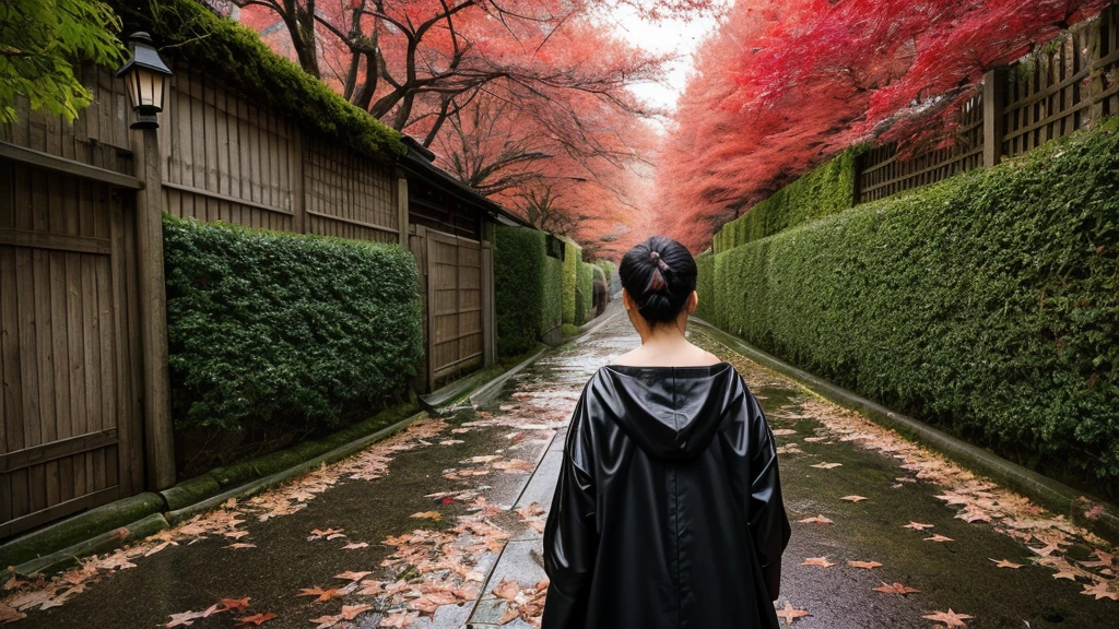 JodieC_SoloTI_v1,
a woman is looking back, (a quiet japanese street, just after the rain, damp,red maple leaves extend from the top of the wall:1.3),Dark shot, photorealistic, masterpiece, high quality, artistic, unique, award winning photograph, professional, 8k, RAW photo, best quality,flattering,
PA7_Portrait-MCU,, tits out, naked, wet