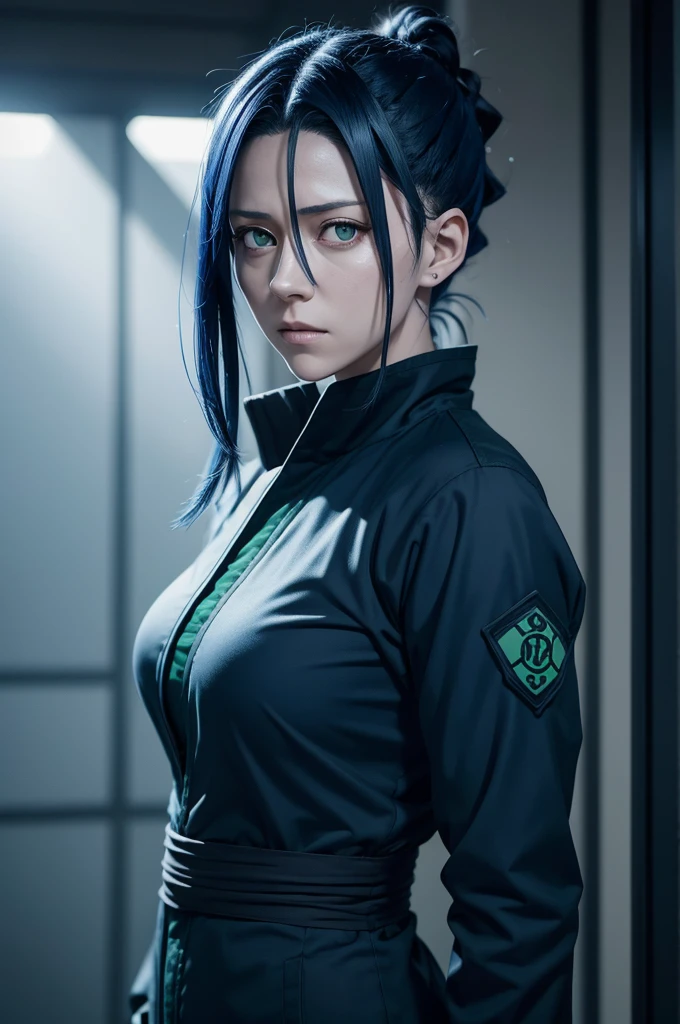 jujutsu kaisen scene of a woman with dark blue hair and green eyes. she is wearing dark blue uniform jujutsu kaisen anime