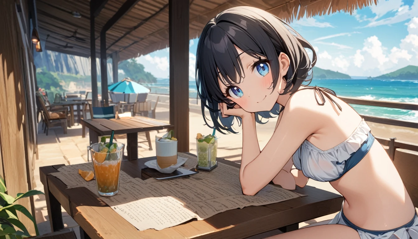 beautiful 1girl, solo, gentle smile on her face flat chest, short hair, black hair, blue eyes, Beautiful depiction,outdoor café terrace、coastal、juice、table、Sandy Beach、juiceのグラスを持つ、Plain Bikini、The depth of the written world、Very soft 、Big eyes、Very cute face))))、F cup bust、Medium breast