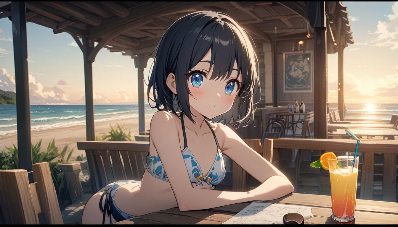 beautiful 1girl, solo, gentle smile on her face flat chest, short hair, black hair, blue eyes, Beautiful depiction,outdoor café terrace、coastal、juice、table、Sandy Beach、juiceのグラスを持つ、Plain Bikini、The depth of the written world、Very soft 、Big eyes、Very cute face))))、F cup bust、Medium breast