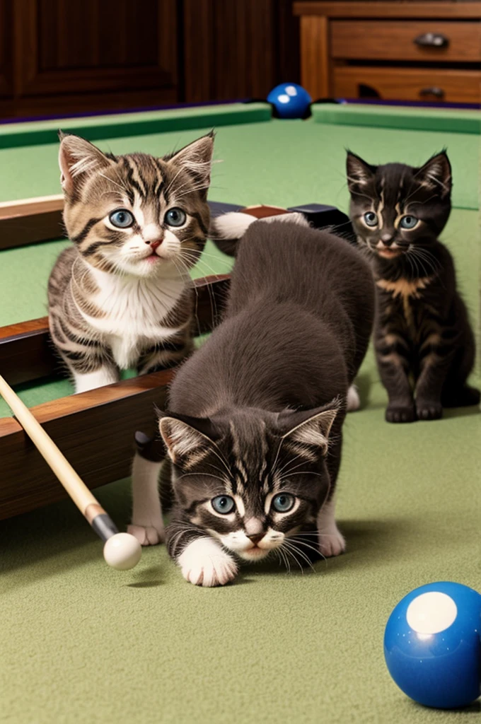 Kittens playing billiards