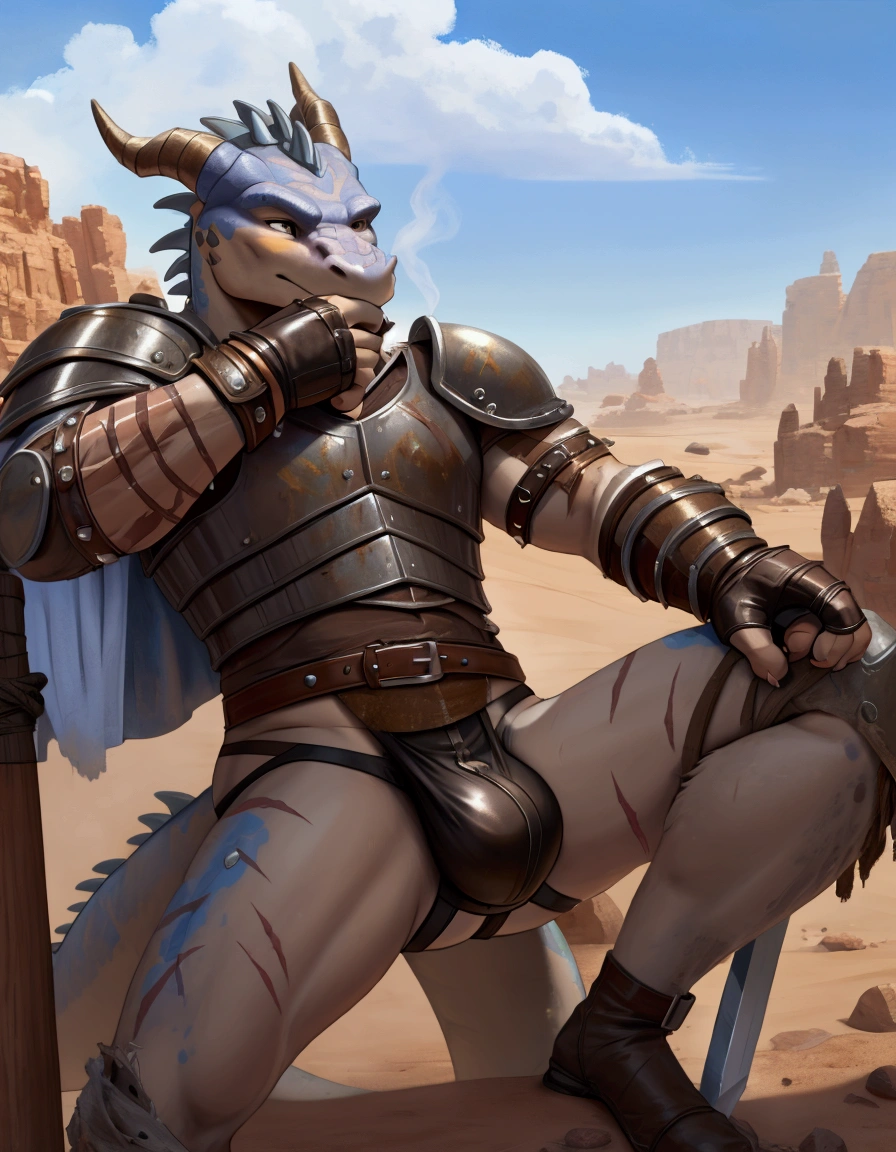 Solo Sexy young anthro acaliereptile dragon male mercenary medieval solider, slim slim muscular, anthro handsome gay shorter muzzle, handsome gay model male apperance, sword scars, worn out leather skimpy armament, low on hips heavy leather belt, old very worn out skimpy dirty linen material jockstrap, old yellow dirty worn out stains on white sawn jockstrap, very visible "x" brown seam pattern on the jockstrap, studded skimpy armlets breastplate armor, skimpy breastplate, leather bondages, fingerless leather gloves, smelly unwashed husk, dirty body look, desert battlefield, standing in sexy fighting position, close view of full character