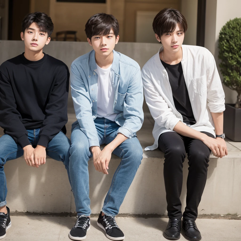 Two young men sitting back to back、