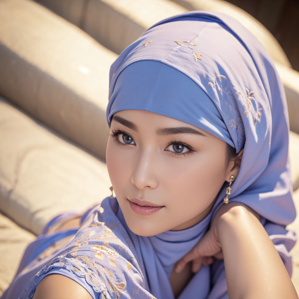 arafed woman with a blue turban laying on a wooden bench, turban, beautiful oriental woman, wearing a turban, an asian woman, head scarf, beautiful asian woman, wearing a head scarf, a young asian woman, asian beautiful face, beautiful young asian woman, beautiful south korean woman, beautiful asian girl, asian woman, young asian woman, asian women
