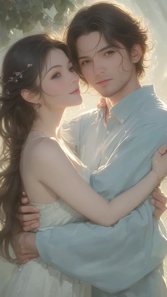 High-quality images of couples: Blond man (Tall、Statue-like、Handsome and、Brave young man、blue eyes、Curly golden hair、Wearing a grey antique military uniform) A woman with black hair (long straight black hair、Long Bangs、Blackberry eyes、A beautiful young femme fatale、naked、Princess、Hugging。They are in love with each other。Created by Boris Vallejo「Ideal Anatomy」The sketch of、It is characterized by being very detailed.。masterpiece、Detailed study of the face、Beautiful Face、Beautiful Faceの特徴、Perfect Image、Realistic shots、Detailed study of the face、Full body image、8k、Detailed Images、Highly detailed illustration、最高品質の真のmasterpiece、Careful drawing。Bare Skin、ガウンとnaked、Heavy water splashes、Wet watercolor painting、
