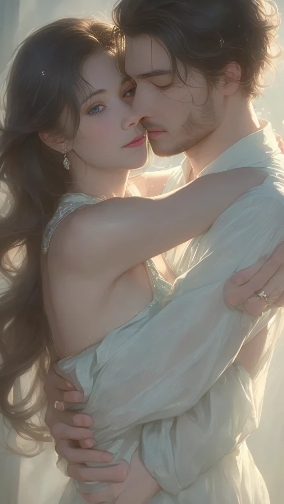 High-quality images of couples: blond man (Tall、Statue-like、Handsome and、Brave young man、Blue eyes、Curly golden hair、Wearing a grey antique military uniform) A woman with black hair (long straight black hair、Long Bangs、Tears streaming down my face、Blackberry eyes、A beautiful young femme fatale、naked、PRİNCESS、Hugging。They are in love with each other。Created by Boris Vallejo「Ideal ???????」The sketch of、It is characterized by being very detailed.。masterpiece、Detailed study of the face、Beautiful Face、Features of Beautiful Face、Perfect Image、Realistic shots、Detailed study of the face、Full body image、8k、Detailed Images、Highly detailed illustration、A true masterpiece of the highest quality、Careful drawing。Bare Skin、Gown and naked watercolor、
Watercolor Gothic、Romance Black Panties、

Large drops of sweat、Dripping Sweat、A look of ecstasy as she spreads her legs wide、Intense love, intense pose、4-year-old