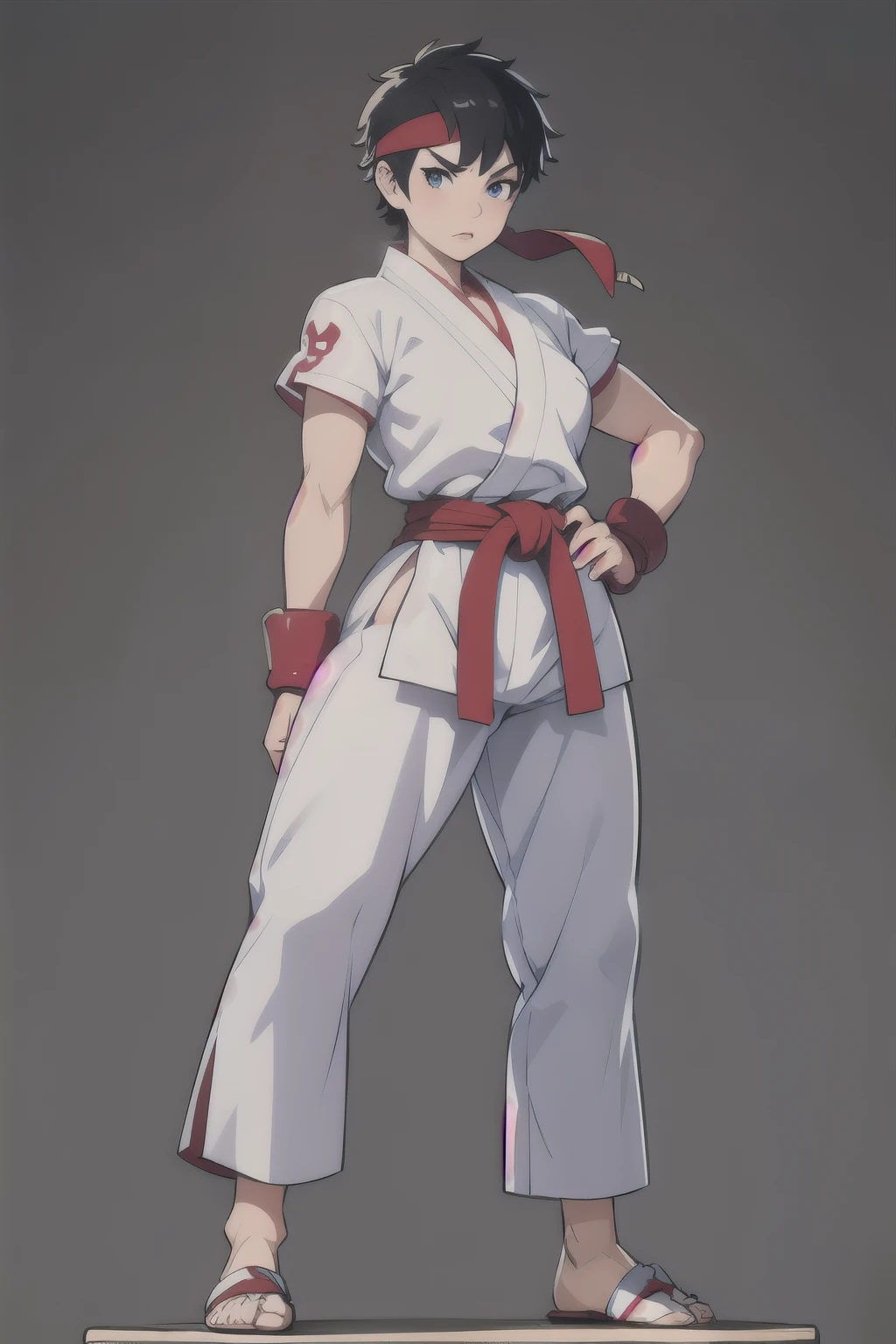 Ryu, street fighter, woman, detailed facial features, piercing eyes, full lips, short hair, white martial arts uniform, red headband, standing pose, hands on waist, full body shot