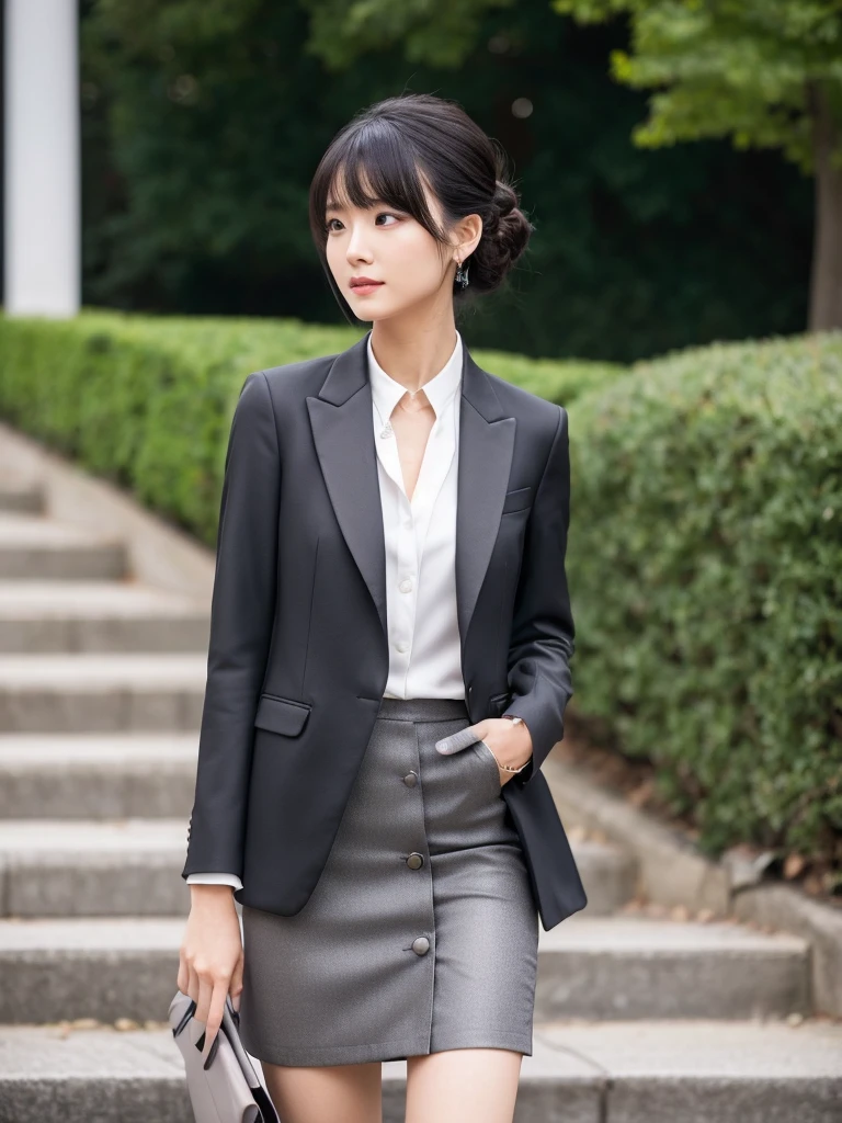 name: Aiko Nakamura

### Physical description - **Height:** 1,62 meters - **Weight:** 55 kg
- **kor:** 29 years old - **body hair:** far away, smooth and black, usually tied up in a sleek bun or low, sophisticated ponytail. Hair is shiny and well-groomed, with a subtle side bang.
- **eyeballs:** large and almond-shaped, dark brown in color. Aiko usually wears light makeup, highlighting the eyes with eyeliner and a soft shadow.
- **Skinned:** Clear and impeccable, with a natural shine. Your skin is well cared for, No visible blemishes or imperfections.
- **muka:** delicate and symmetrical, with slightly pronounced cheekbones. Her lips are thin and often adorned with a neutral-colored lipstick..
- **traje social:** Aiko wears a high-quality dark gray suit, consisting of a fitted blazer and a pencil skirt that reaches just above the knees. The blazer has a modern cut, with thin lapels and discreet buttons. She wears a white silk shirt under her blazer., with a classic collar.
- **shoes:** Black leather pumps, with an average heel of around 5 cm, stylish and comfortable for long periods of standing.
- **Accessories:** Aiko wears a discreet pair of pearl earrings, a thin silver metal wristwatch and a delicate necklace with a small pendant. She carries a black leather bag, structured and elegant.
- **toenails:** well cared for, usually painted with neutral or transparent enamel.
- **stance:** Elegant and confident, with an upright posture and graceful movements. When you walk, His steps are firm and sure, demonstrating confidence and professionalism.

### Style and Presence Aiko Nakamura presents a sophisticated and professional style, reflecting your attention to detail and your dedication to personal image. His presence is marked by a combination of natural elegance and a courteous demeanor., making her a respected and admired figure in social and professional environments.