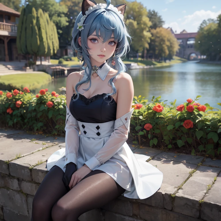 1girl, maid dress, jewelry, blue hair, flowing hair, long hair, white roses, red horns, firefly, oriental architecture, maid dress with a short skirt and layers, frills, white laces, dress with transparency, gold details on her clothes, lake, seat on the water, a garden with lake scenery, more details, perfectly body, perfectly hands, two hands, two legs, two arms, five fingers, glowing hair, solo, alone, best quality, alone, maid headdress, choker, detached sleeves, maid dress, maid dress, strapless, masterpiece, best quality, detailed face, night, asymmetrical gloves, bangs, short skirt , gloves, boots, earrings, elbow gloves, fishnet thigh highs, fish masterpiece, solo, best quality, detailed face, gloves, hair between eyes, jewelry, long hair, looking at viewer, single earring, sky, solo, thigh boots, thigh highs, uneven gloves, sitting