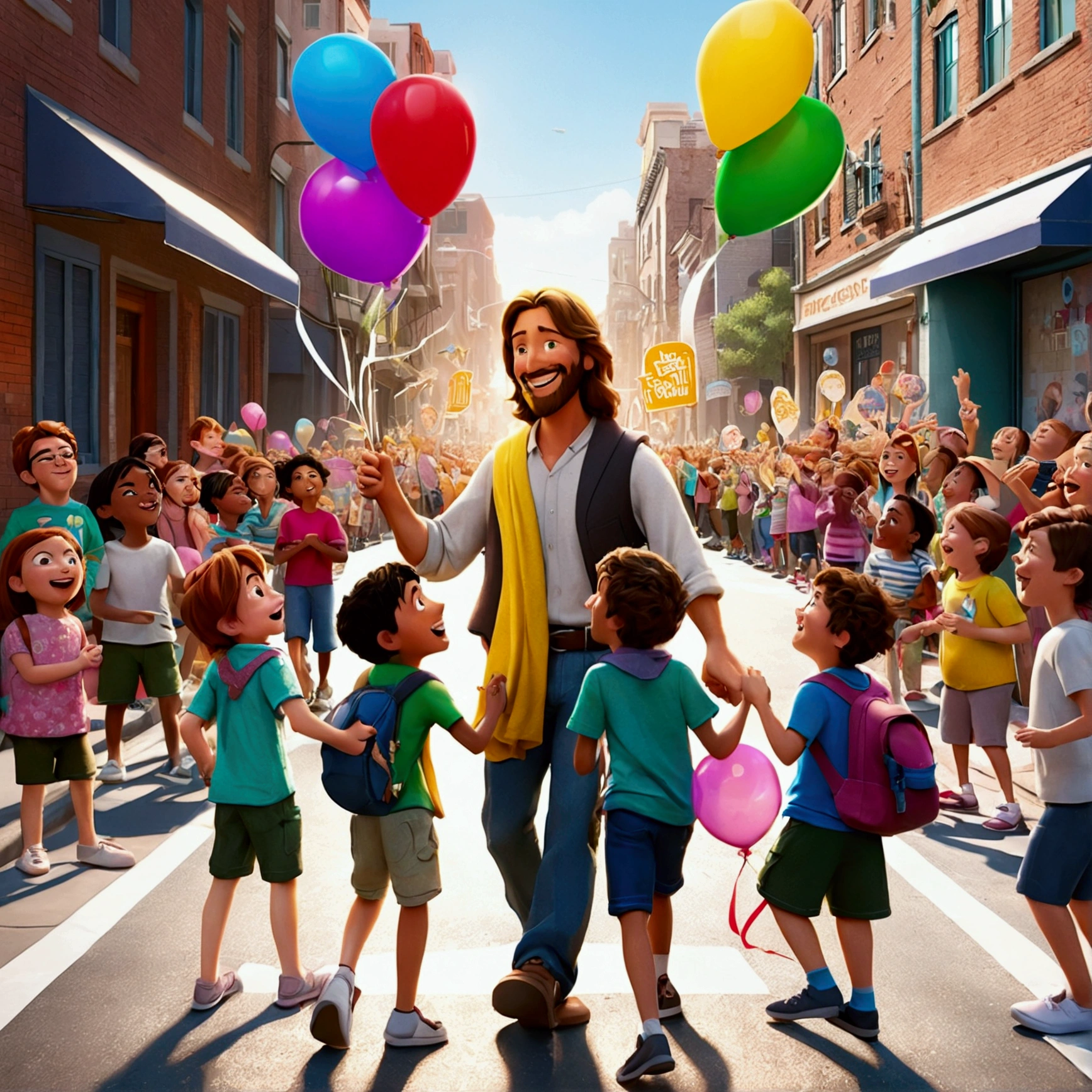 "A vibrant and lively Disney/Pixar-style scene of a street parade with happy children holding balloons and banners with evangelism messages. Jesus, very happy, is in the center, interacting warmly with the kids. Some parents are in the background. The top of the image has space for text. The background shows a sunny and cheerful city. (Animation character) (Pixar style) (masterpiece:1.2) (Bokeh) (best quality) (detailed skin) (detailed texture) (8K) (clay) (cinematic lighting) (sharp focus)."