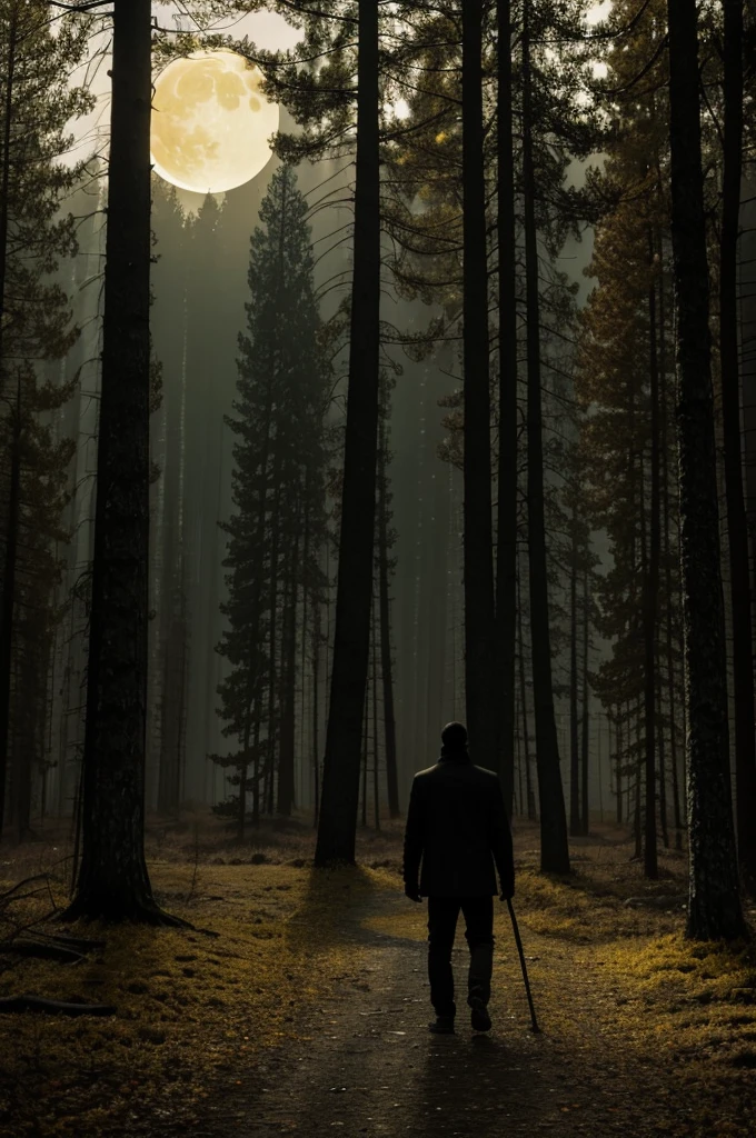 Design based on the attached image, a mysterious man in dark clothes and dark silhouette. Place the man surrounded by an autumn forest with green and brown colors. This forest must have a desolate atmosphere and in the open. And in the sky to the upper right places the sun with a faint golden yellow glow and the left the waning moon.. Dark silver in color.