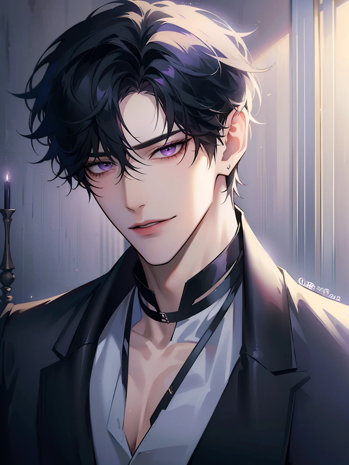 (masterpiece, 8k, high quality, best quality:1.6), 1boy, solo, short hair, black hair, asymmetrical fringe, purple eyes, handsome, sharp eyes, (mature male, mature:1.2), male focus, fashionable, tucked in open purple collared shirt, necklace, indoors, bedroom, light brown wallpaper, close up, smile, long eyelashes, soft shadows, perfect anatomy