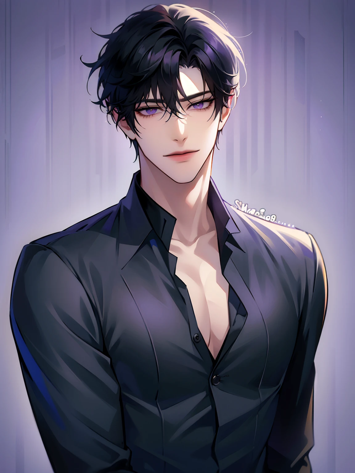 (masterpiece, 8k, high quality, best quality:1.6), 1boy, solo, short hair, black hair, asymmetrical fringe, purple eyes, handsome, sharp eyes, (mature male, mature:1.2), male focus, fashionable, tucked in open purple collared shirt, necklace, indoors, bedroom, light brown wallpaper, close up, smile, long eyelashes, soft shadows, perfect anatomy