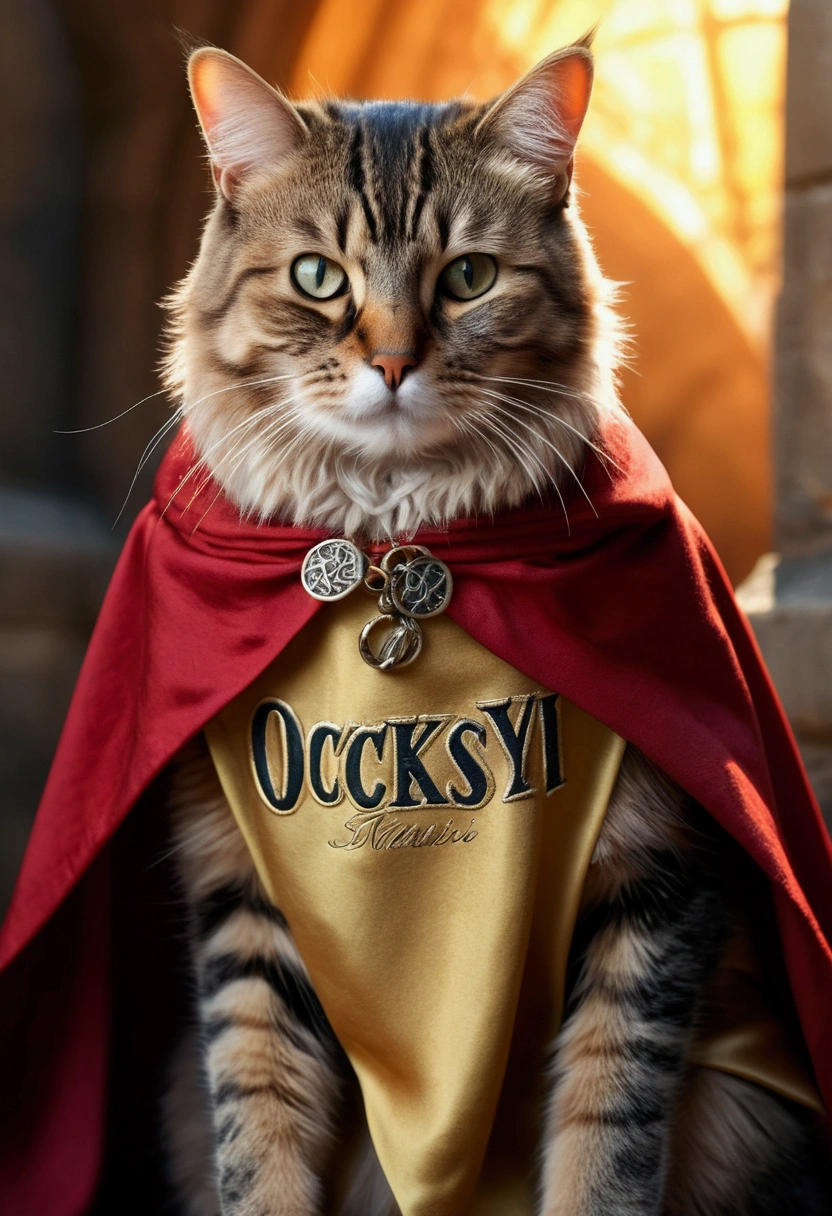 (best quality, 4K , 8k , A high resolution written) ultra detail, medieval fantasy background, (Realistic, photo realistic, photo-realistic:1.37), cat, wearing cape, (written "OCKSYI" in the cape) written OCKSYI on his robe