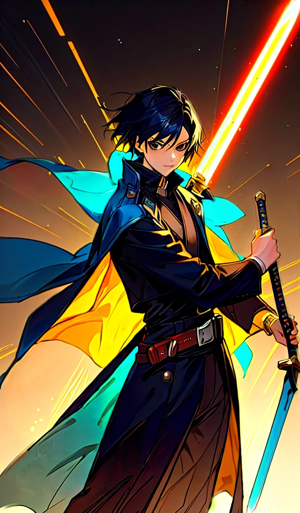 blurred image of a man in a black coat and a sword, 16 yrs old, jacen solo, dark black hair, inspired by Han Gan, blue colored eyes, he has big knives on his belt, vergilio, skinny male fantasy scientist, lime lasted lightsaber wallpaper, Anakin Skywalker, vergilio from devil may cry, style of starfinder, star character, slim male fantasy alchemist