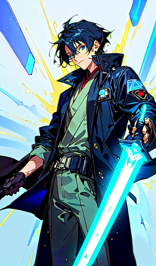 blurred image of a man in a black coat and a sword, rs old, jacen solo, dark black hair, inspired by Han Gan, blue colored eyes, he has big knives on his belt, vergilio, skinny male fantasy scientist, lime lasted lightsaber wallpaper, Anakin Skywalker, vergilio from devil may cry, style of starfinder, star character, slim male fantasy alchemist