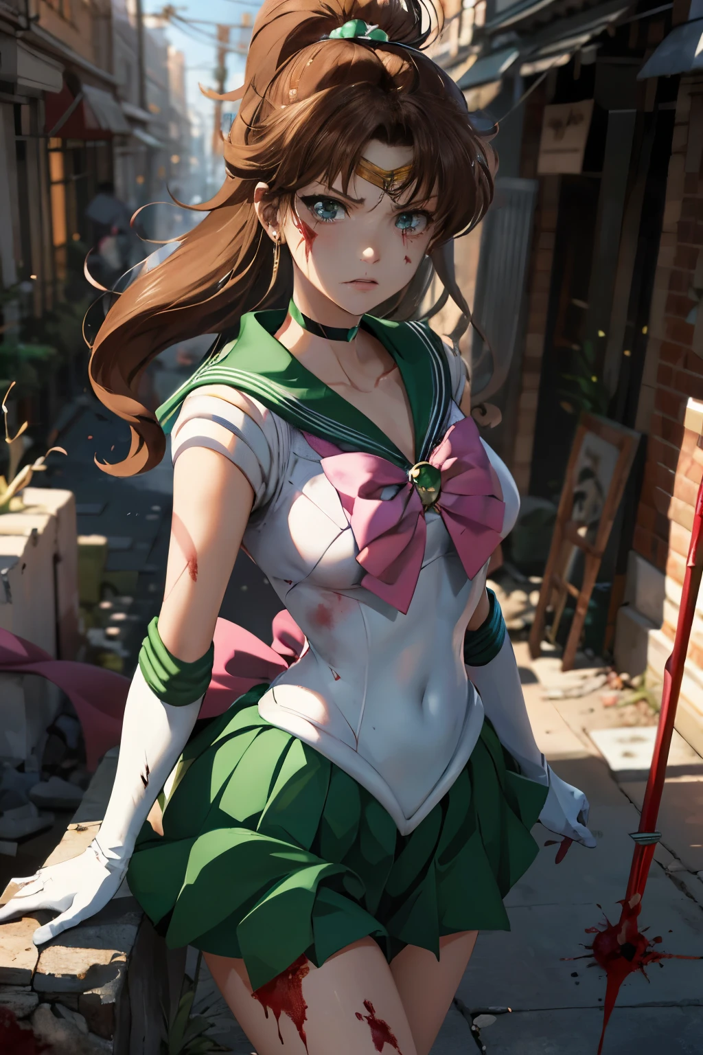 Ultra-detailed anime , Sailor Senshi , sailor Jupiter , angry face , medium breasts, scars , bleeding, blood , destroyed city.