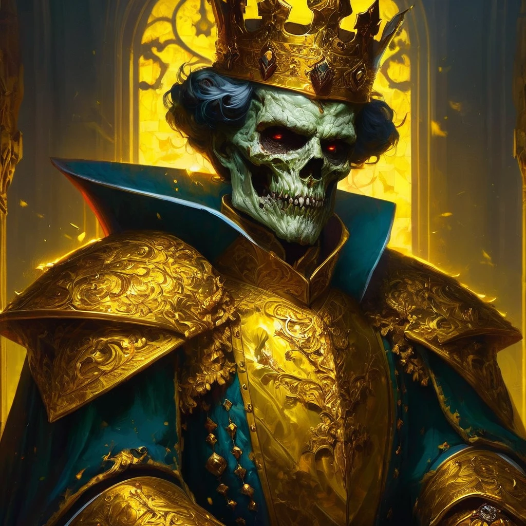 medieval portrait of the zombie king, golden royal clothing, armors, undead, fancy, trends on ArtStation, art by Mike Azevedo and Alex Negrea