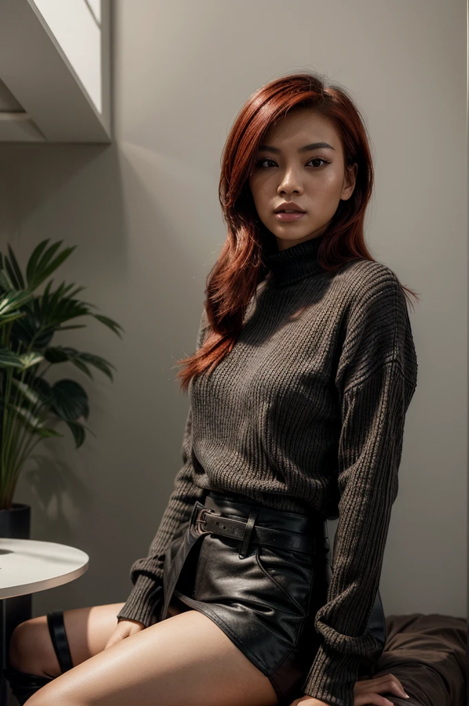 [[((young attractive Asian woman with striking red hair styled in a sleek, long look, medium-light skin, and striking dark brown eyes:1.6)), ((wearing a stylish black outfit featuring a chic, oversized black sweater with buckle details on the sleeves, paired with short black shorts and thigh-high black boots:1.4)). She is standing confidently in a modern, minimalist living room with neutral tones and clean lines. The background features soft natural light coming through large windows, adding a serene and sophisticated atmosphere. The scene is captured with a ((full-frame DSLR:1.4)) using a ((50mm prime lens:1.4)) for a close-up, fashion-oriented perspective. Professional lighting enhances her natural features and the stylish outfit. The image should be in ((8K resolution:1.5)) with ((hyper-realistic detail:1.6)). The focus is on the woman’s stylish black outfit, her confident pose, and the elegant interior, creating a stunning, fashionable effect.]]