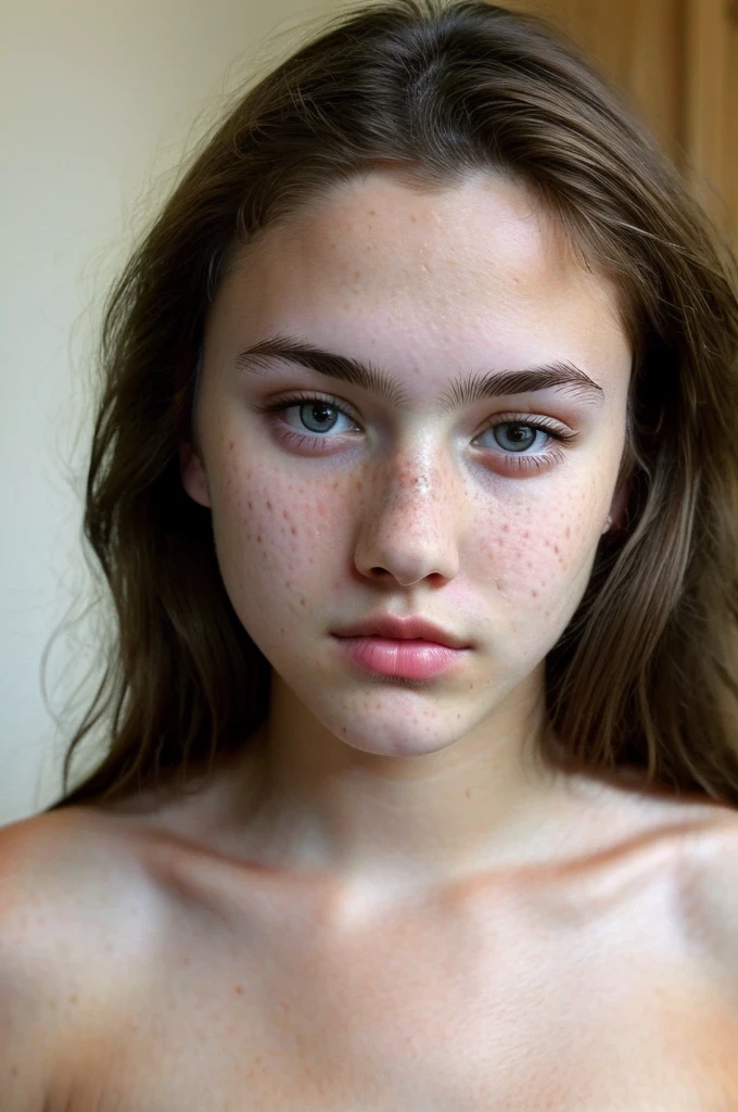 really pretty 18 years old girl. Brown hair. Innocent face. Straight looking to the camera. Facing the camera. Light brown eyes. Freckles. Unique face. Thing face. Beautiful eyes
