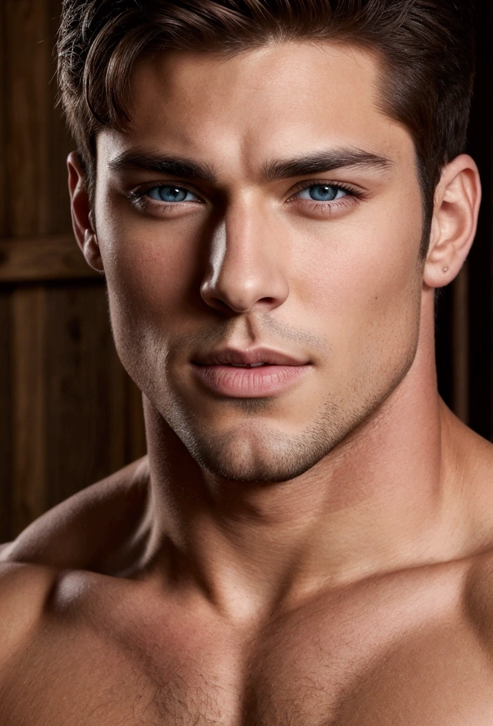 Realistic Handsome muscular guy with hazel eyes, dark brown hair