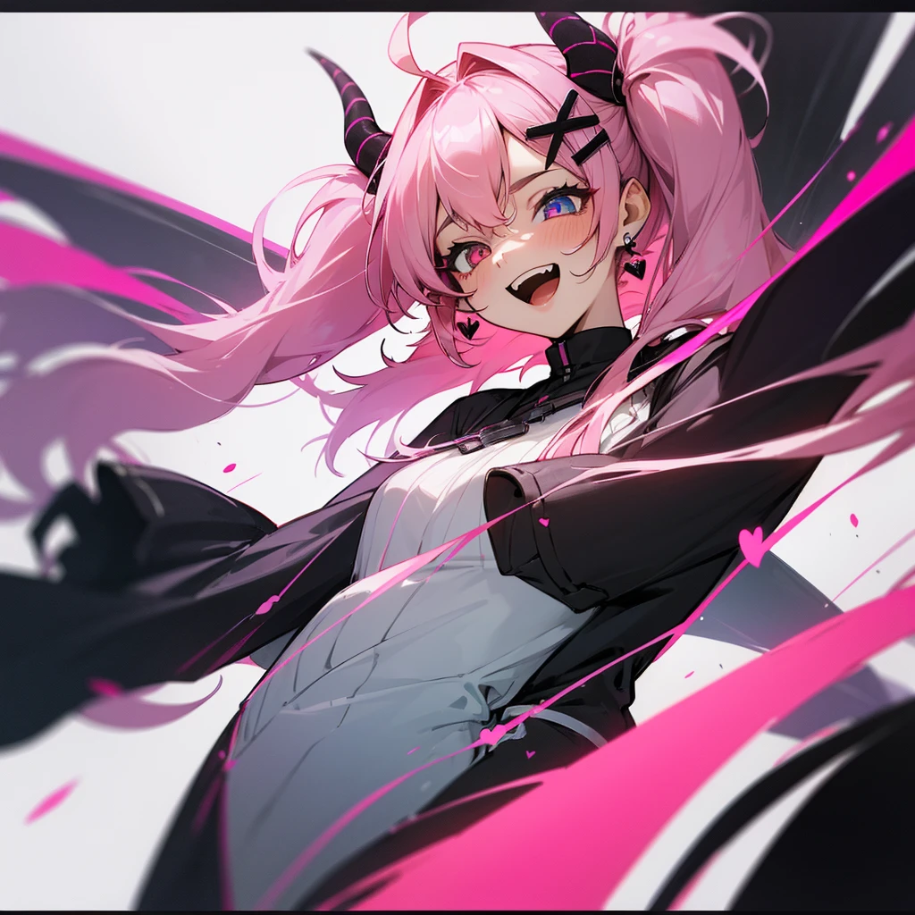 (((Masterpiece, highest quality, high definition, high detail)))), 1girl, futuristic, Solo, Twintails, Pink Hair, Shiny Hair, Gradiant hair, Wavy Hair, Messy Hair, Huge Ahoge, Heart Ahoge, Expressive Hair, Heart Earrings, black clothing with pink highlights, Heterochromia, Bright Pupils, Spiral Eyes, Laughing, Evil Smile, Open Mouth, Smile, Smug, Mismatched Pupils, Crazy, Excited, Dutch Angle, Far away shot, Demon Horns, Goggles On Head, X Hair Ornament, Glitch effect