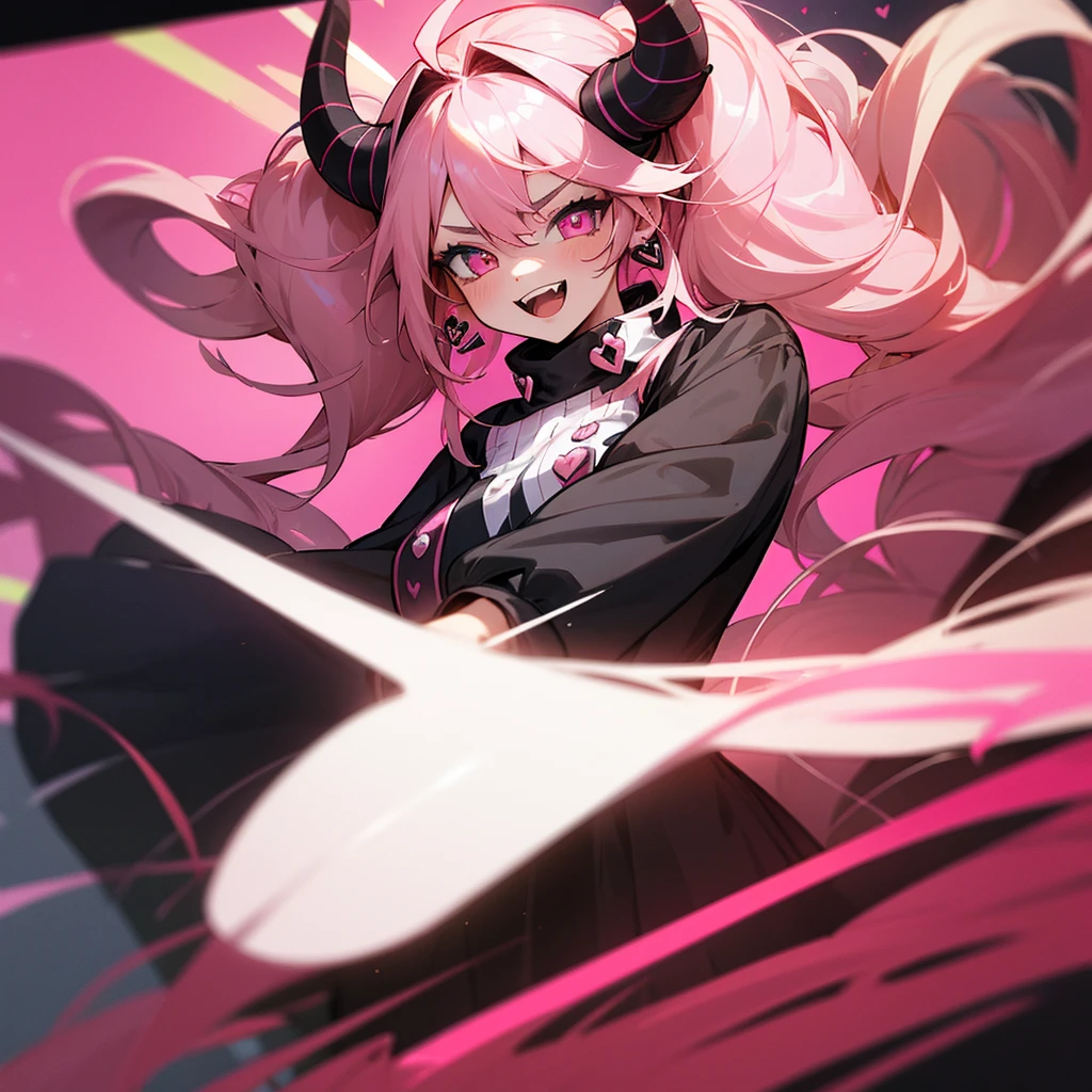 (((Masterpiece, highest quality, high definition, high detail)))), 1girl, futuristic, Solo, Twintails, Pink Hair, Shiny Hair, Gradiant hair, Wavy Hair, Messy Hair, Huge Ahoge, Heart Ahoge, Expressive Hair, Heart Earrings, black clothing with pink highlights, Heterochromia, Bright Pupils, Spiral Eyes, Laughing, Evil Smile, Open Mouth, Smile, Smug, Mismatched Pupils, Crazy, Excited, Dutch Angle, Far away shot, Demon Horns, Goggles On Head, X Hair Ornament, Glitch effect