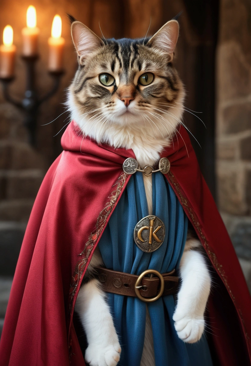 (best quality, 4K , 8k , A high resolution written) ultra detail, medieval fantasy background, (Realistic, photo realistic, photo-realistic:1.37), cat, wearing cape, (written "OCKSYI" in the cape) written OCKSYI on his robe