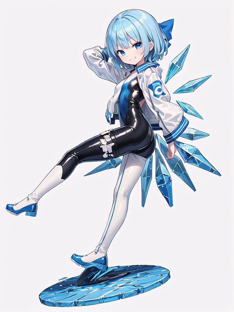 (((high quality))),(((masterpiece))),(((highly detailed))),((illustration style)),(((one girl)))(((cirno))), (touhou),(((short hair,blue hair))),ice wings,(((blue eyes))),(((bangs))),(((white leather jacket))),(((blue full bodysuit))),((latex)), (shiny clothes:1.2),(((grin))),(((full body))),(((arm behind head))),(((model posing))),((((simple white background))),(((Side angle)))