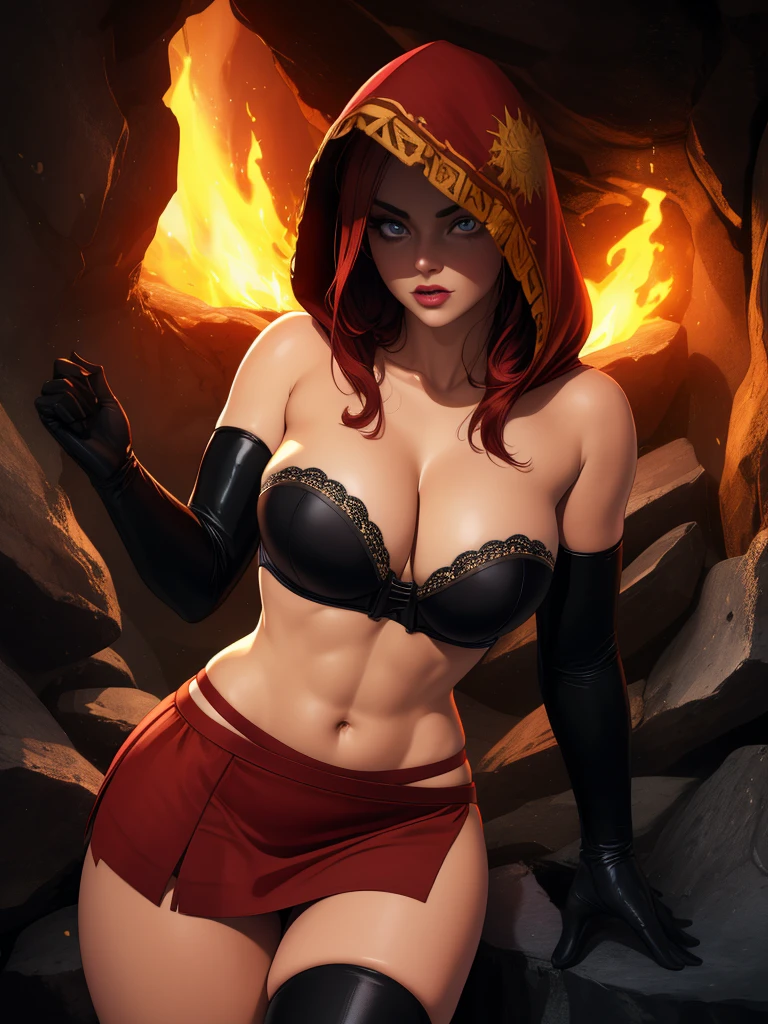 Dsorceress, redhair, shadowy face,dark cave, fire, hood, shadowed face, strapless bra, slim and athletic body, miniskirt, no panty, elbow gloves, dark skin, 1 girl (insanely detailed, masterpiece, best quality)