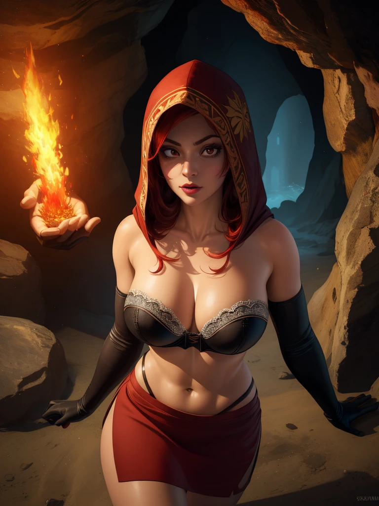 Dsorceress, redhair, shadowy face,dark cave, fire, hood, shadowed face, strapless bra, slim and athletic body, miniskirt, no panty, elbow gloves, dark skin, 1 girl (insanely detailed, masterpiece, best quality)