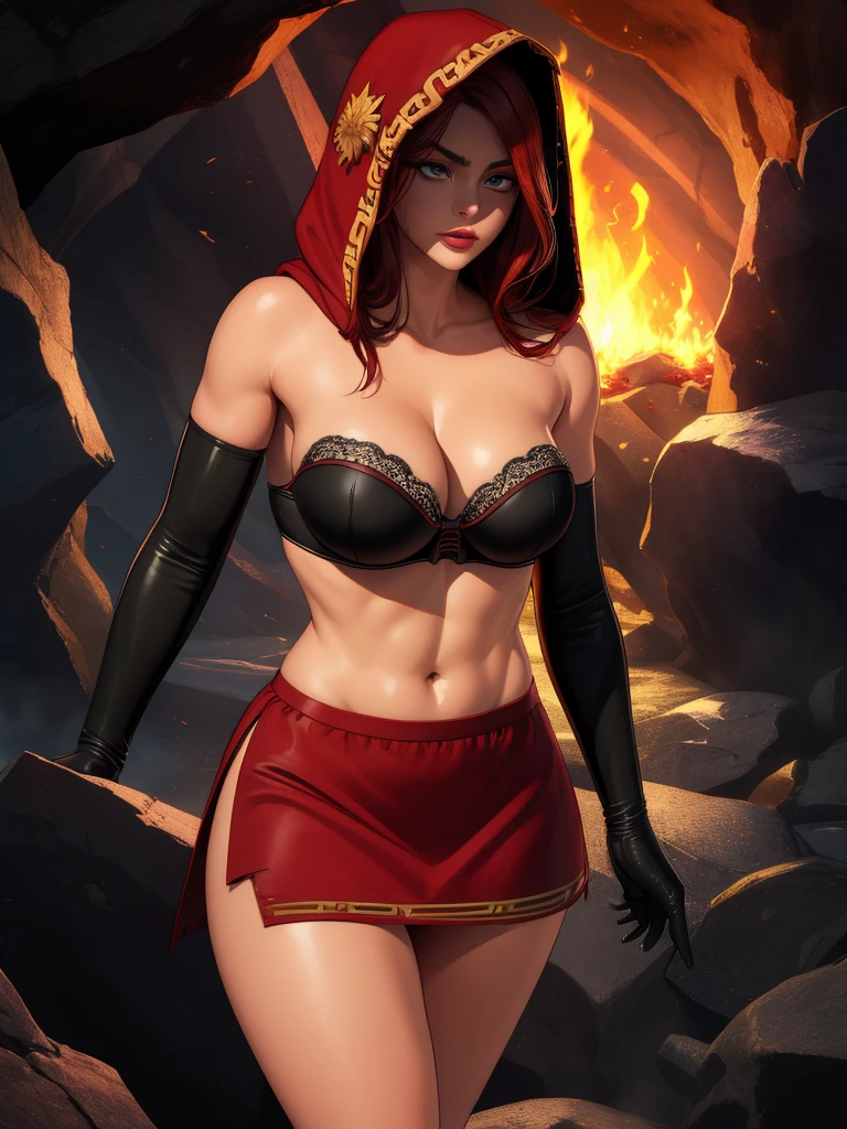 Dsorceress, redhair, shadowy face,dark cave, fire, hood, shadowed face, strapless bra, slim and athletic body, miniskirt, no panty, elbow gloves, dark skin, 1 girl (insanely detailed, masterpiece, best quality)