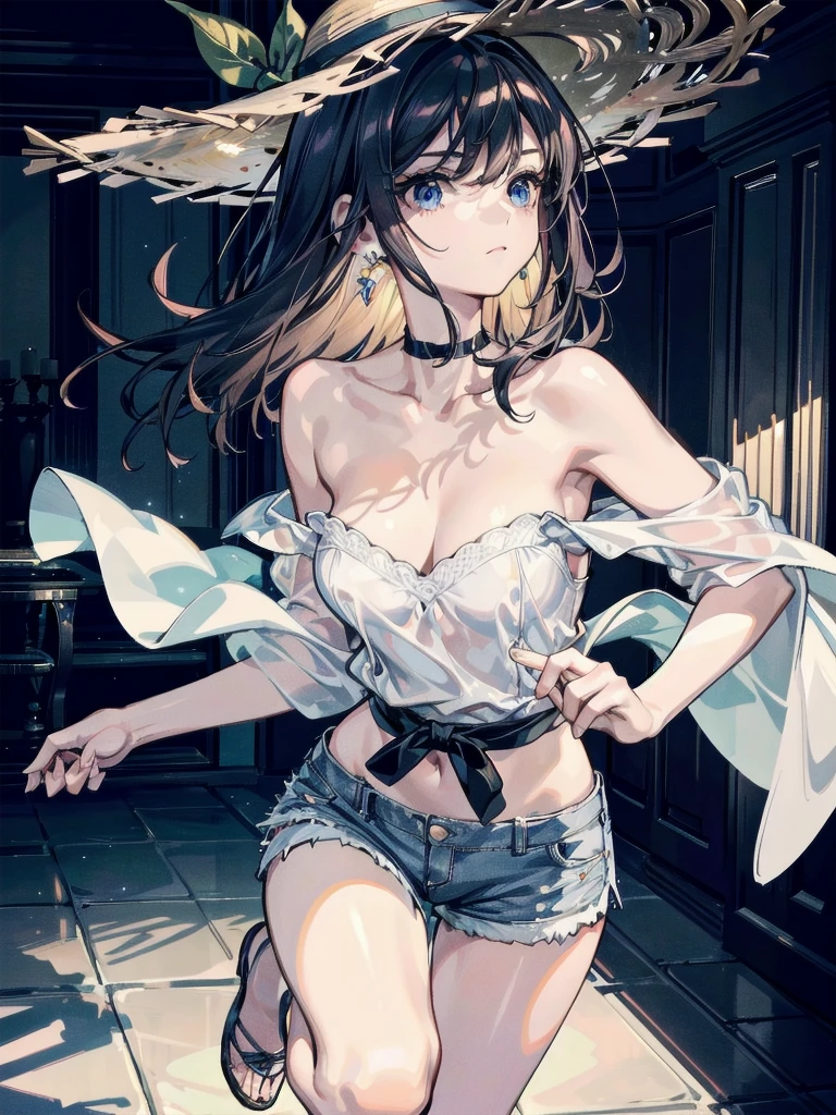 absurdres, RAW photo, extremely delicate and beautiful, masterpiece, Best Quality, ultra high resolution, 32k, hyperrealistic, ultra-detailed, perfect figure, tearful mole, earring, whole body shot, short medium hair, wavy hair, big breast, casual, blouse, white shirt, buttoned shirt, bare shoulders, collarbone, midriff, navel, shorts, straw hat, 