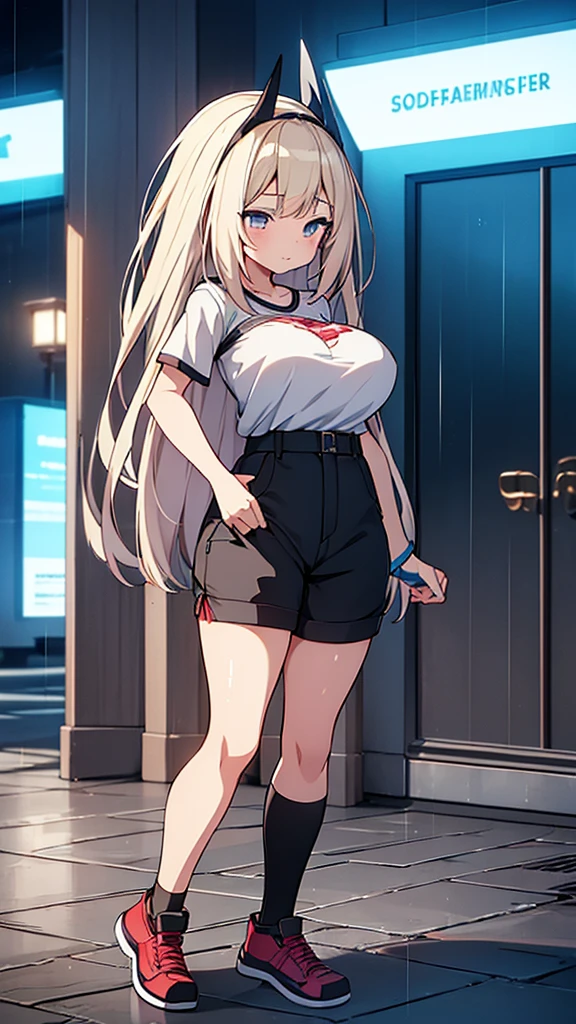 Full body image, front, One girl, 18-year-old, Mix 4, (32K, RAW Photos, Highest quality, masterpiece:1.2), (Anime-like, photoAnime-like:1.37), cute, Short sleeve T-shirt,Shorts,Black knee socks, night, rain, Humidity, Professional Lighting, Photon Mapping, Radio City, Physically Based Rendering, Super Resolution, (Big Breasts:1.2), {{The biological weapon that had preyed on the younger sister took her place and reunited with the older brother.}}, Girl Skull, whole body, NSFW