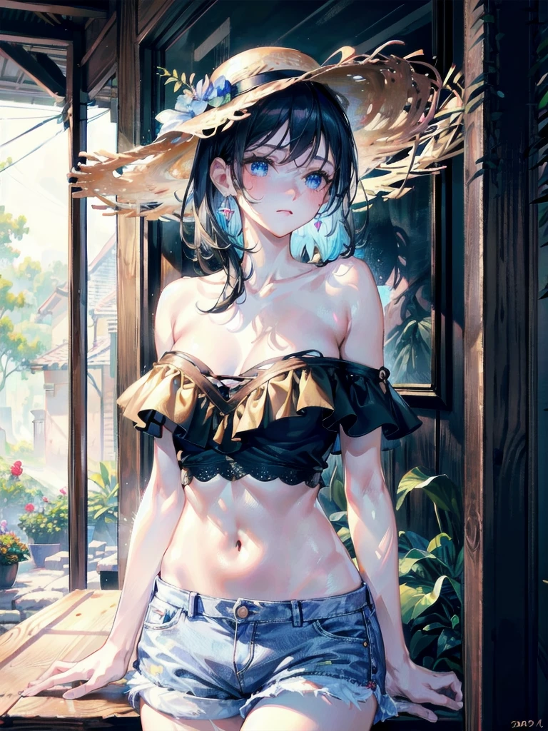 absurdres, RAW photo, extremely delicate and beautiful, masterpiece, Best Quality, ultra high resolution, 32k, hyperrealistic, ultra-detailed, perfect figure, tearful mole, earring, whole body shot, short medium hair, wavy hair, big breast, casual, blouse, white shirt, buttoned shirt, bare shoulders, collarbone, midriff, navel, shorts, straw hat,