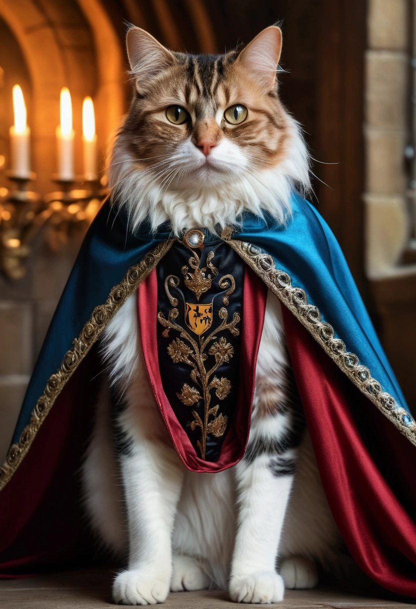 (best quality, 4K , 8k , A high resolution written) ultra detail, medieval fantasy background, (Realistic, photo realistic, photo-realistic:1.37), cat, wearing cape, (written "BAROCK" in the cape) written BAROCK on his robe