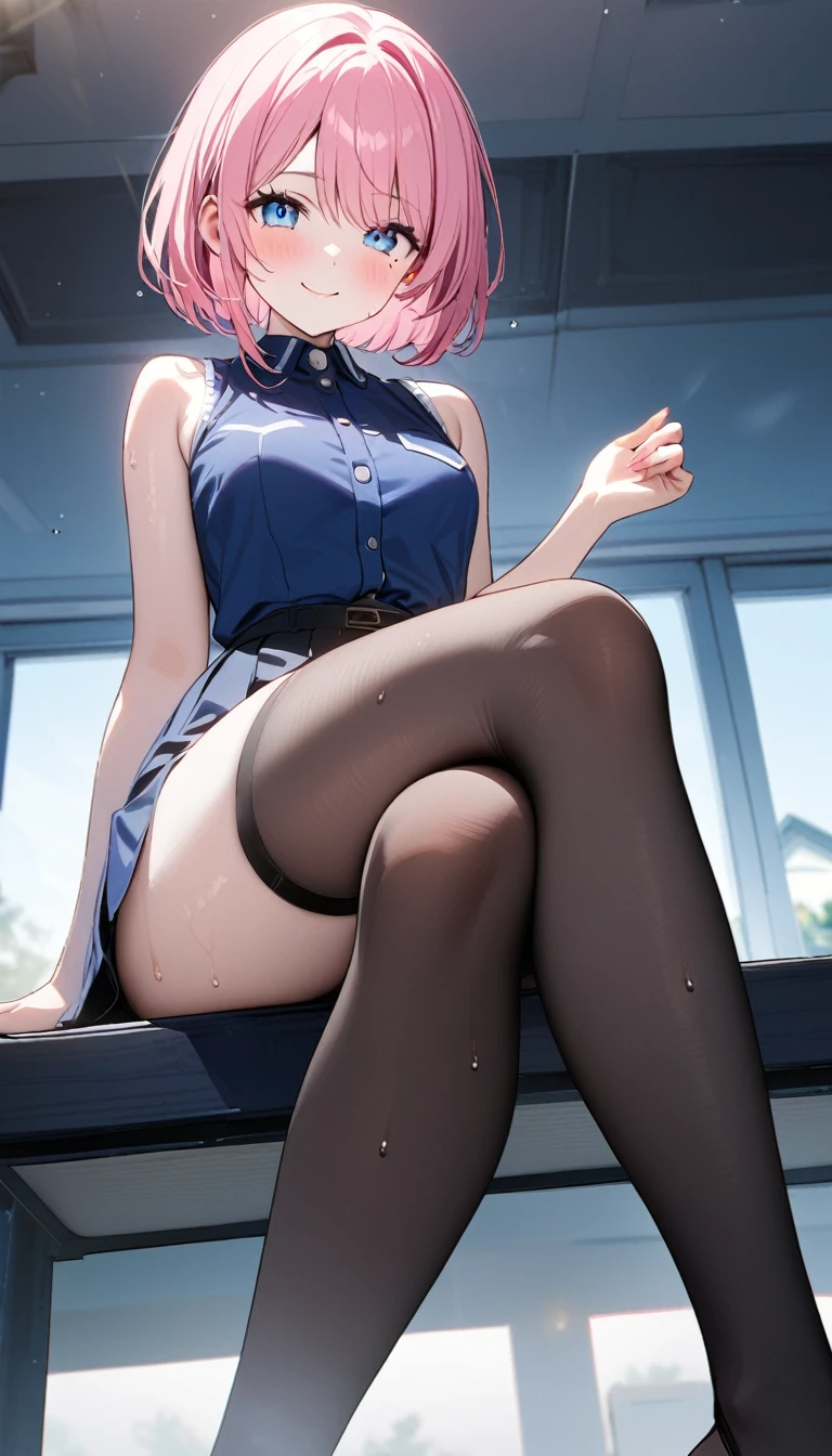 (1 girl),(Best Picture Quality, 8K, Masterpiece:1.3), (high school student:1.5), ((pink lob hair:1.1)), (bob cut),(swept bangs), (cute eyes, pupil black, iris skyblue, youthful face), (mole under right eye), (standard weight), (small breasts), (glistening skin:1.1),(pale skin:1.2),((foot up)),((sleeveless shirt)),(Smile),(sweat),((fog skin:1.1)),(sitting, crossed legs),(from below).