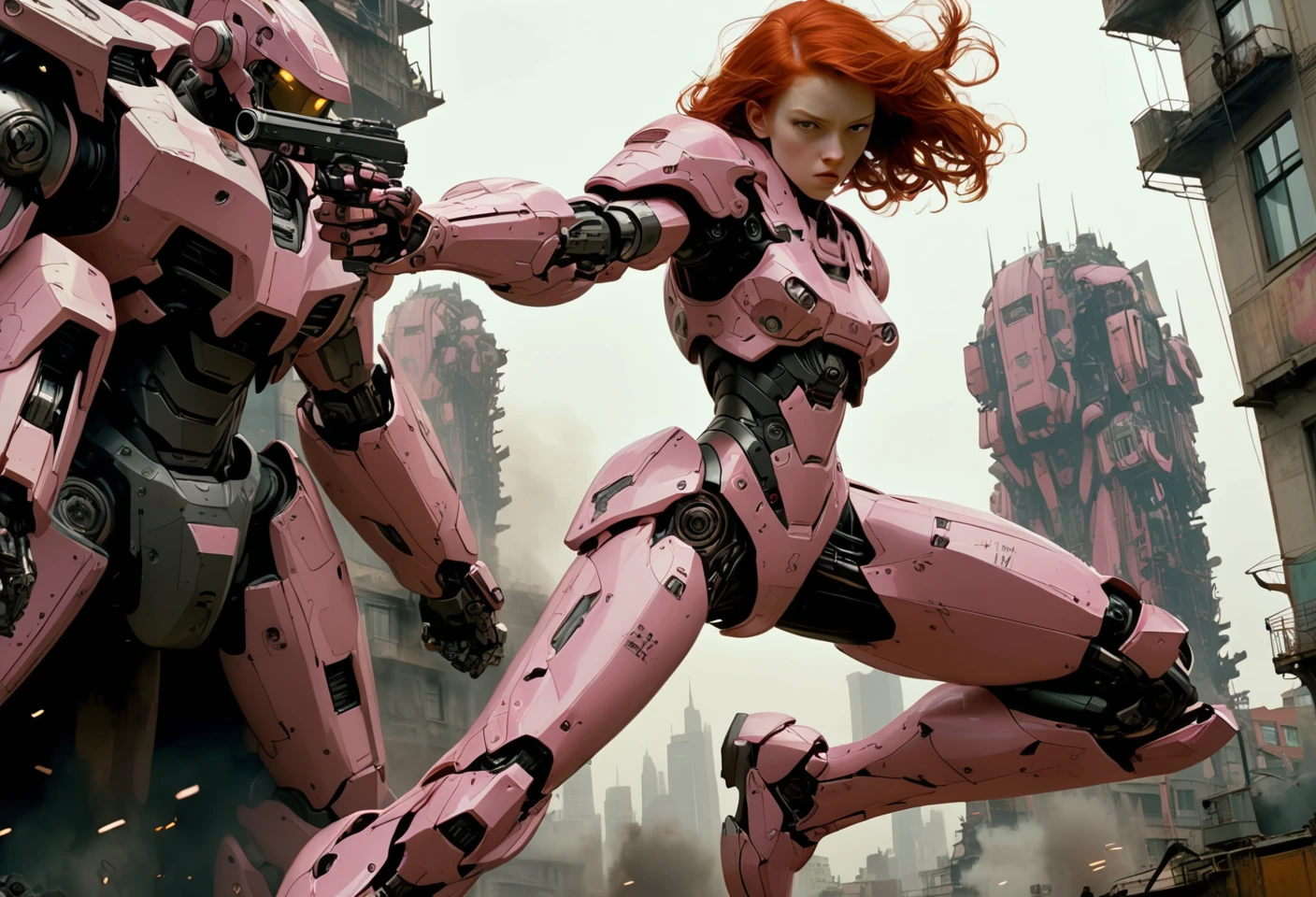 A cinematic film still of a redhead in a pink-powered armor suit, shooting at giant black mecha. The heroine's armor is adorned with intricate designs and a retractable shroud, revealing her determination and strength. The background is a dystopian cityscape, with buildings crumbling and people caught in the crossfire. Style by J.C. Leyendecker. Canon 5d Mark 4, Kodak Ektar, 35mm