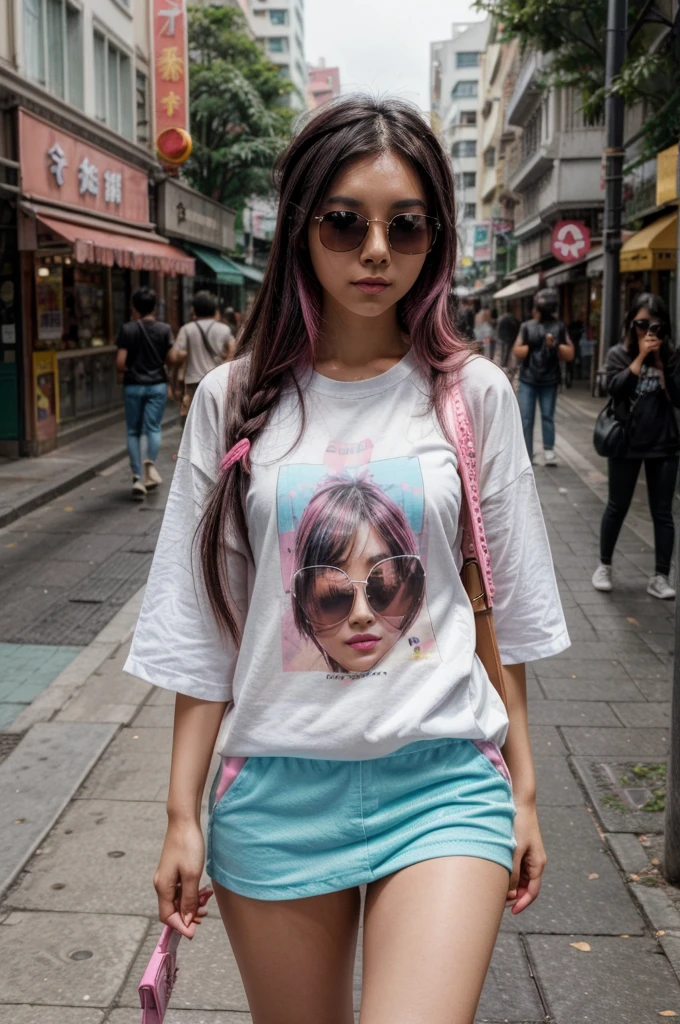 [[((young attractive Singaporean woman with strong Chinese Asian influence, a brown tanned complexion, long straight dark black hair with pastel blue and pink highlights, striking almond-shaped dark brown eyes, and a  frame:1.6)), ((Sophie Tan:1.5)), standing confidently in a busy street wearing ((a colorful, kawaii-style outfit with a graphic oversized t-shirt, a beanie, and white sunglasses:1.4)). The background features an urban environment with a playful and lively atmosphere. The scene is captured with a ((full-frame DSLR:1.4)) using a ((50mm prime lens:1.4)) to keep Sophie in sharp focus while slightly blurring the background. Professional lighting enhances her natural features and the colorful outfit. The image should be in ((8K resolution:1.5)) with ((hyper-realistic detail:1.6)). The focus is on Sophie’s kawaii fashion and the energetic urban backdrop.]]