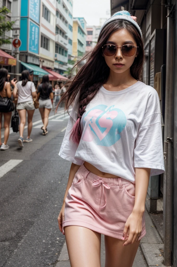 [[((young attractive Singaporean woman with strong Chinese Asian influence, a brown tanned complexion, long straight dark black hair with pastel blue and pink highlights, striking almond-shaped dark brown eyes, and a  frame:1.6)), ((Sophie Tan:1.5)), standing confidently in a busy street wearing ((a colorful, kawaii-style outfit with a graphic oversized t-shirt, a beanie, and white sunglasses:1.4)). The background features an urban environment with a playful and lively atmosphere. The scene is captured with a ((full-frame DSLR:1.4)) using a ((50mm prime lens:1.4)) to keep Sophie in sharp focus while slightly blurring the background. Professional lighting enhances her natural features and the colorful outfit. The image should be in ((8K resolution:1.5)) with ((hyper-realistic detail:1.6)). The focus is on Sophie’s kawaii fashion and the energetic urban backdrop.]]