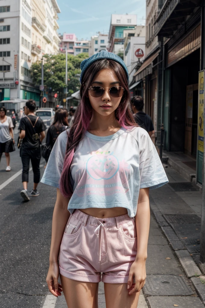[[((young attractive Singaporean woman with strong Chinese Asian influence, a brown tanned complexion, long straight dark black hair with pastel blue and pink highlights, striking almond-shaped dark brown eyes, and a  frame:1.6)), ((Sophie Tan:1.5)), standing confidently in a busy street wearing ((a colorful, kawaii-style outfit with a graphic oversized t-shirt, a beanie, and white sunglasses:1.4)). The background features an urban environment with a playful and lively atmosphere. The scene is captured with a ((full-frame DSLR:1.4)) using a ((50mm prime lens:1.4)) to keep Sophie in sharp focus while slightly blurring the background. Professional lighting enhances her natural features and the colorful outfit. The image should be in ((8K resolution:1.5)) with ((hyper-realistic detail:1.6)). The focus is on Sophie’s kawaii fashion and the energetic urban backdrop.]]