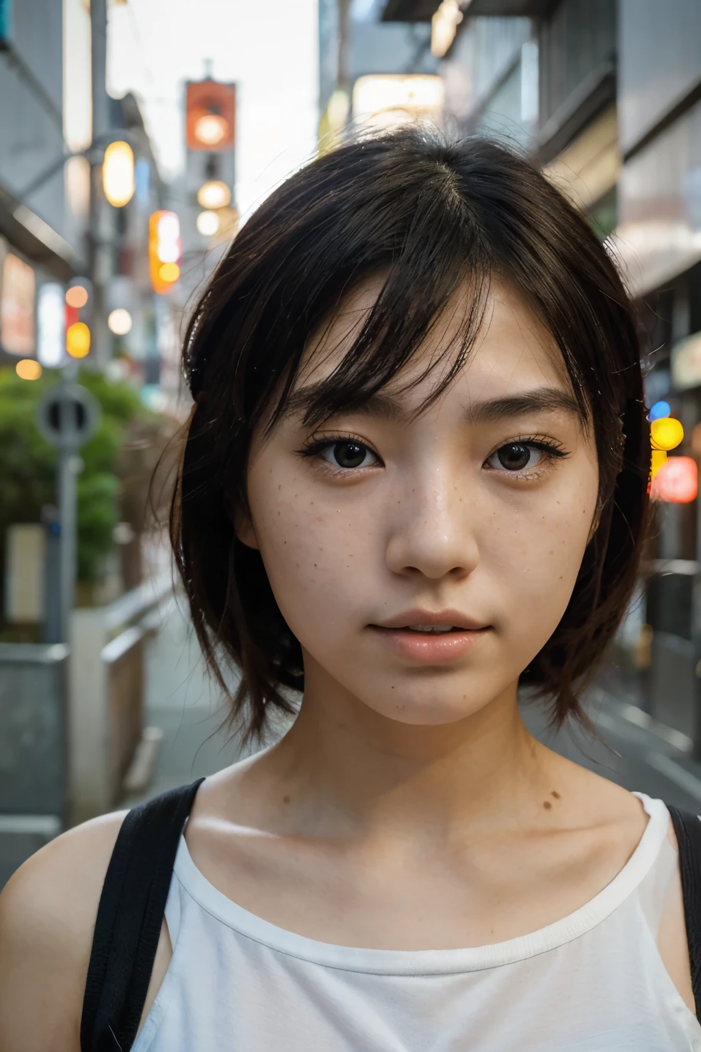 a photo of a 20 year old Japanese woman, ((face detailed)), head, freckles, (face detaileds), in tokyo city